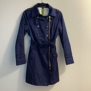 Soia & Kyo Navy Trench Coat | Size Small | Belted | Gold Hardware